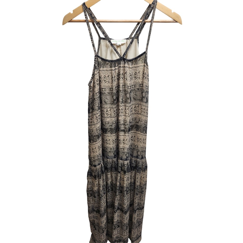 Staring at Stars Maxi‎ Dress Boho Print Tiered Strappy Beige Black M